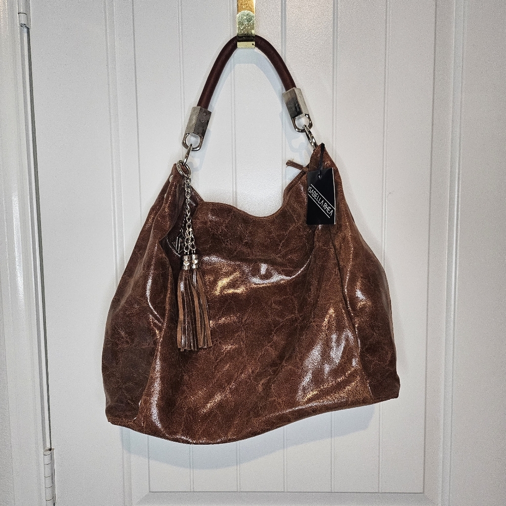 NWT Isabella Rhea Italian Leather Hobo Bag Distressed Bronze Brown Large Tote